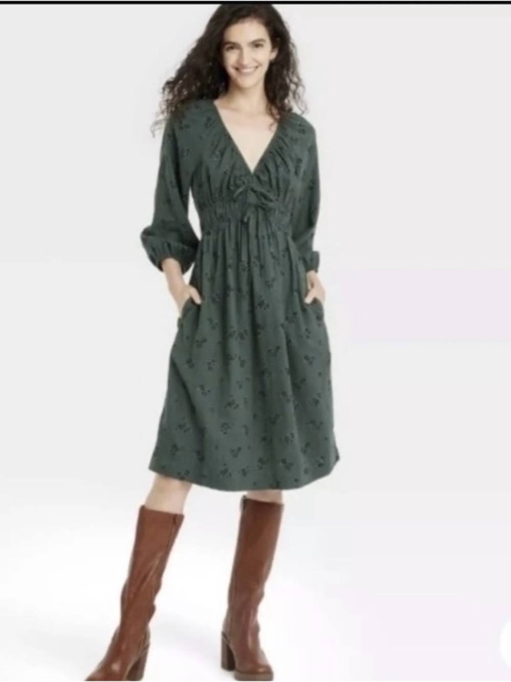 Universal Thread Dark Green Gathered Waist V-Neck Midi Dress